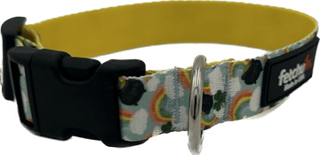 St. Paddys Rainbow Dog Collar featuring colorful rainbow and clover design with quick release buckle and D ring.