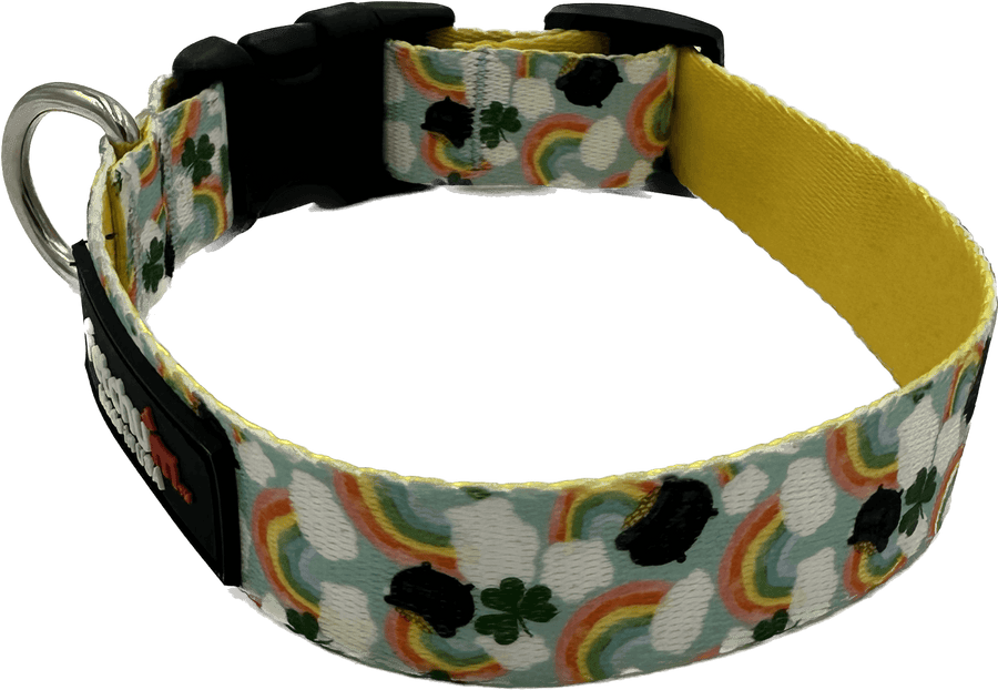 St. Paddys Rainbow Dog Collar featuring vibrant rainbows, shamrocks, and a comfortable design for pets.