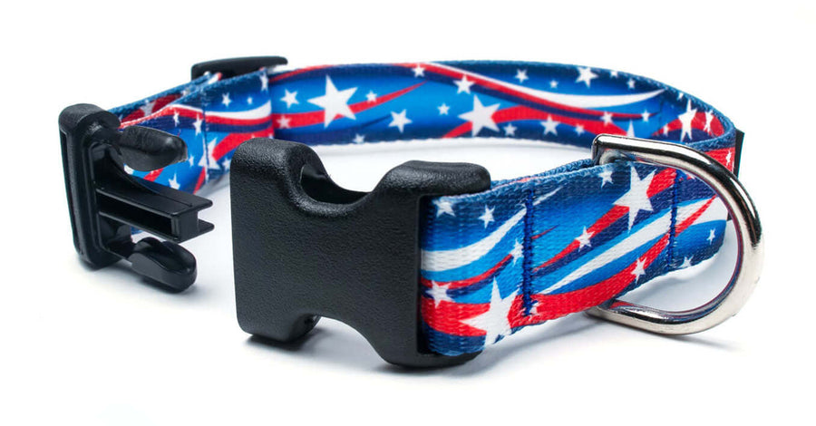 Star Spangled Collar with red, white, and blue design, featuring quick release buckle and metal D ring.