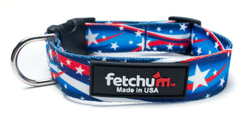 Star Spangled Collar featuring a patriotic design, premium materials, and made in the USA by Fetchum.