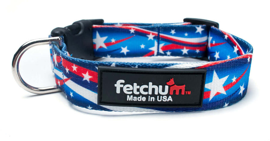 Star Spangled Collar featuring a patriotic design, premium materials, and made in the USA by Fetchum.