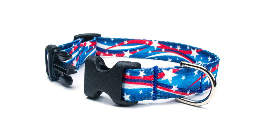 Star Spangled Dog Collar featuring an adjustable quick release buckle and reflective design for safety.