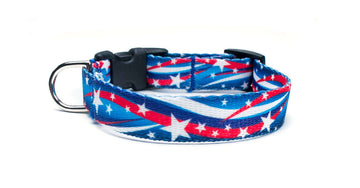 Star Spangled Dog Collar featuring durable design and reflective safety strips for nighttime visibility.