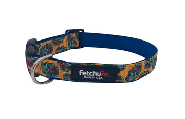 Sugar Skulls Collar showcasing vibrant skull designs, made in USA, durable nylon webbing, quick-release buckle.