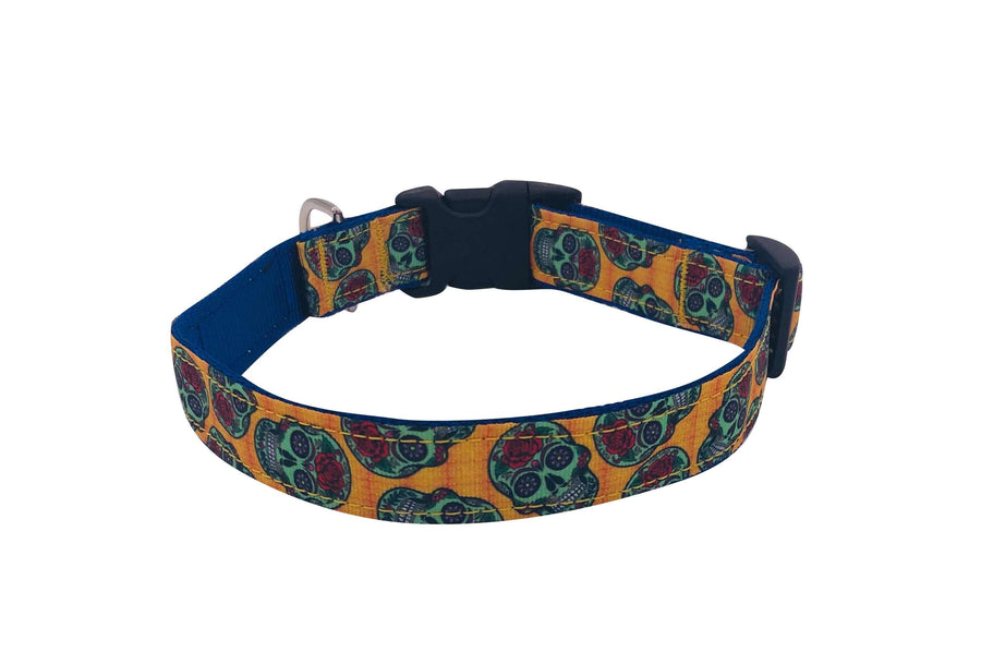 Sugar Skulls Collar with vibrant skull pattern, made of durable nylon webbing and quick release buckle, perfect for pets.