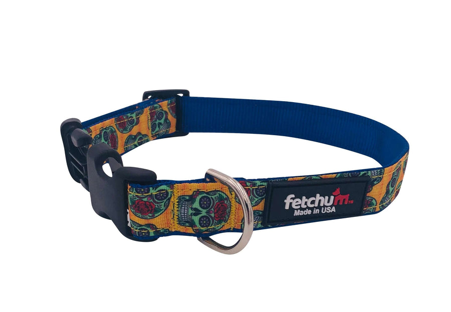 Sugar Skulls Collar with colorful skull design, made of durable nylon, quick-release buckle and D ring.