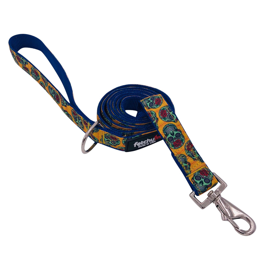 SUGAR SKULLS LEASH featuring colorful sugar skull design, strong mil spec webbing, and swivel snap for easy use.