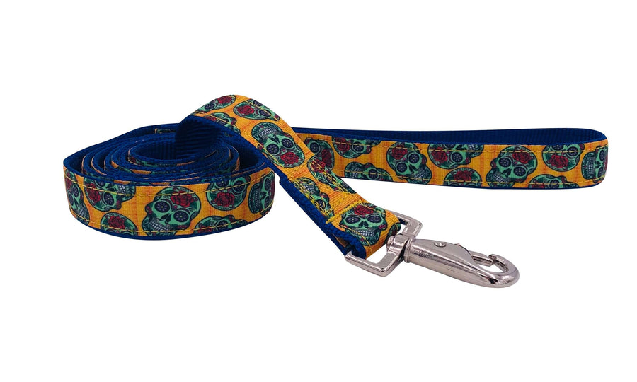 SUGAR SKULLS LEASH featuring colorful skull designs, stylish swivel snap, and durable construction for pets.