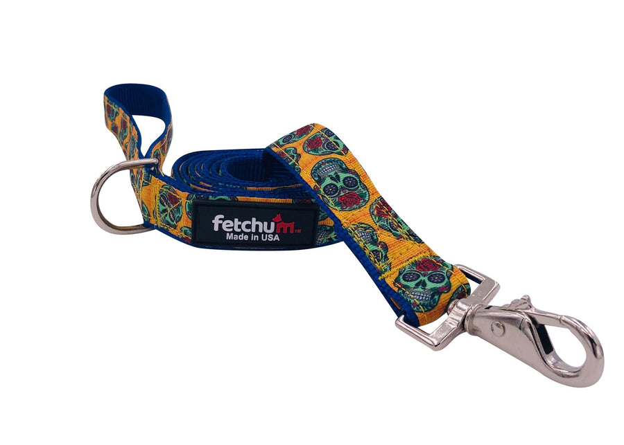 SUGAR SKULLS LEASH featuring vibrant designs and a sturdy swivel snap, perfect for stylish and comfortable walks.