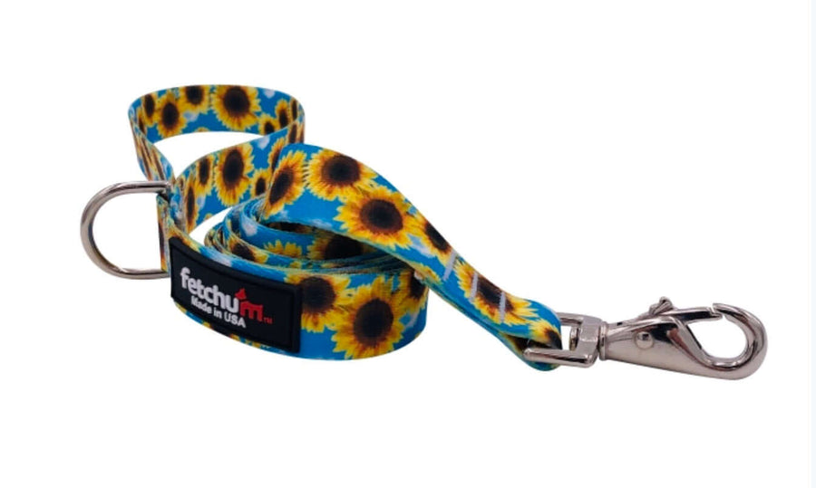 Colorful SUNFLOWER LEASH with bright sunflower pattern, featuring a swivel snap and D ring, made in the USA.