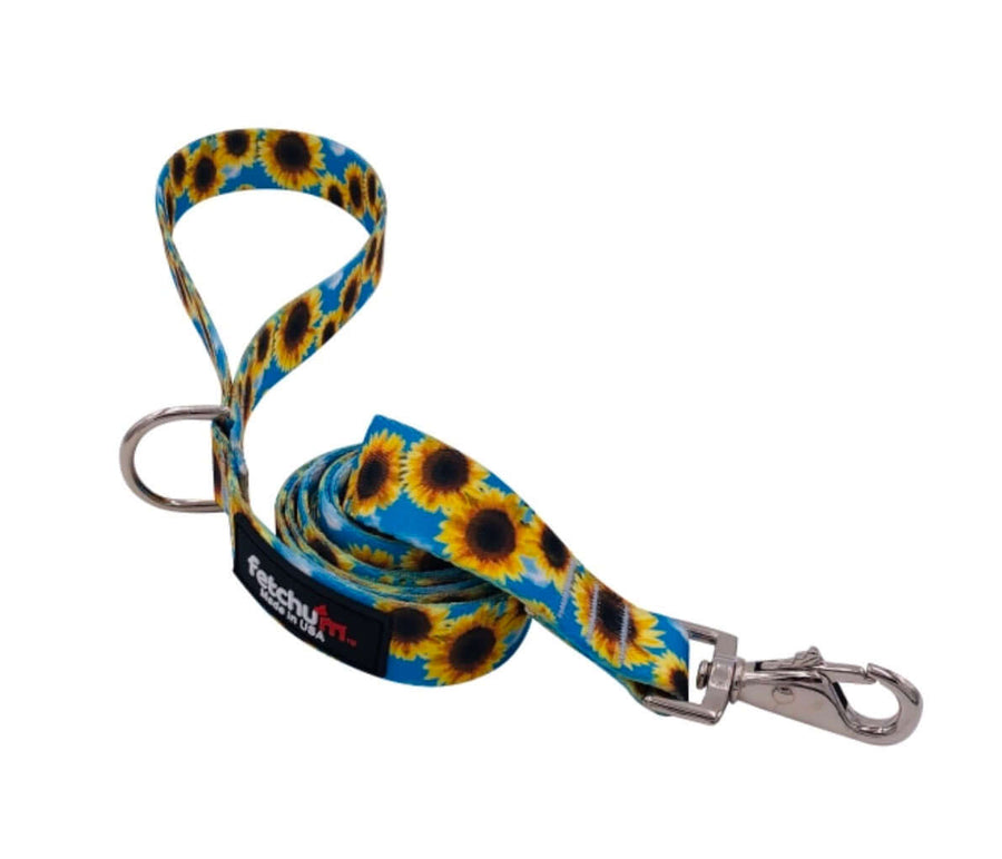 SUNFLOWER LEASH featuring a vibrant sunflower design, strong polyester webbing, and a stylish swivel snap for comfort.