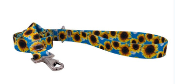 A stylish SUNFLOWER LEASH made of durable polyester webbing, featuring a swivel snap and bright sunflower design.