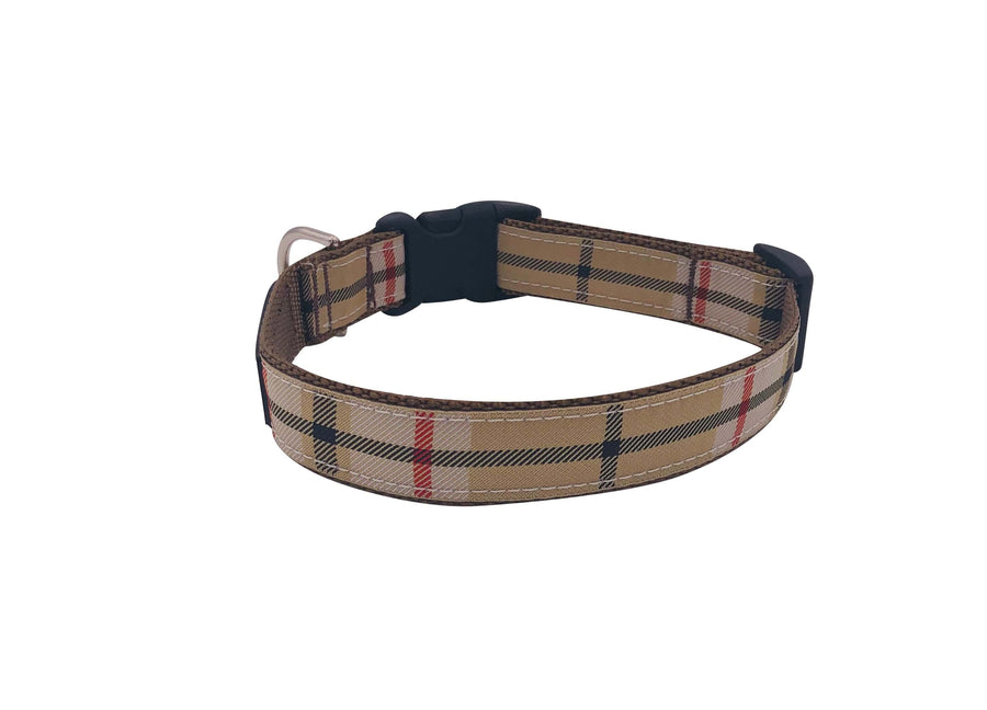 Tan Plaid Collar featuring durable nylon webbing and quick release buckle, made in the USA.