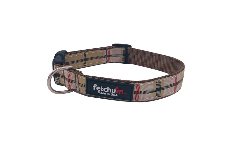 Tan Plaid Collar made of durable nylon webbing, featuring reinforced stitching and quick-release buckle, USA made.