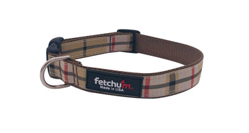 Tan Plaid Collar made with durable nylon webbing, featuring quick release buckle and D ring, made in USA.