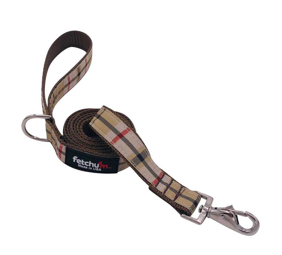 TAN PLAID LEASH featuring durable materials, stylish design, and swivel snap for easy use.