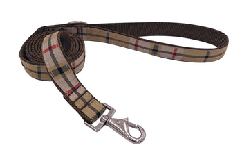 TAN PLAID LEASH featuring durable webbing, stylish snap, and D ring for convenience, perfect for walks and outdoor adventures.