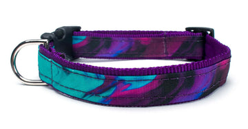 Teal-Purple Collar featuring tubular nylon webbing, quick release buckle, and reinforced stitching, made in the USA.