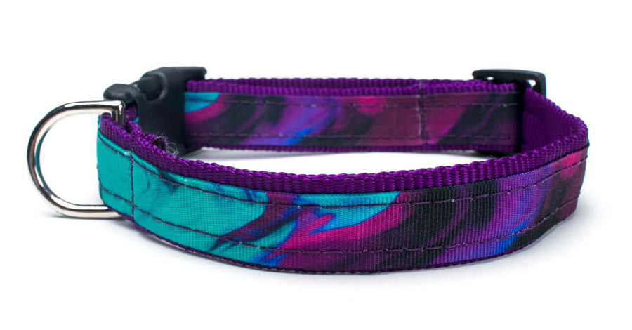 Teal-Purple Collar featuring tubular nylon webbing, quick release buckle, and reinforced stitching, made in the USA.