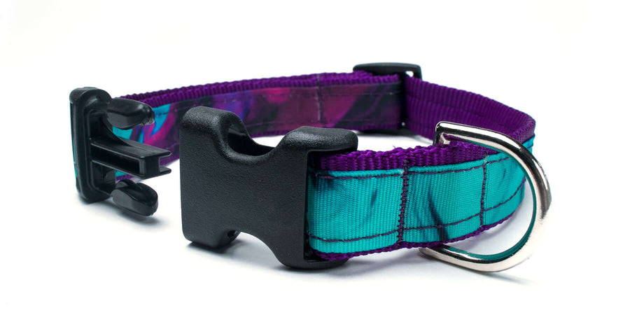 Teal-Purple Collar made with durable nylon, featuring a quick release buckle and D ring, designed for pets.