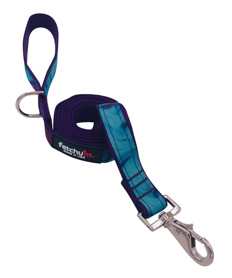 TEAL PURPLE LEASH featuring durable materials, swivel snap, and D ring for accessories.