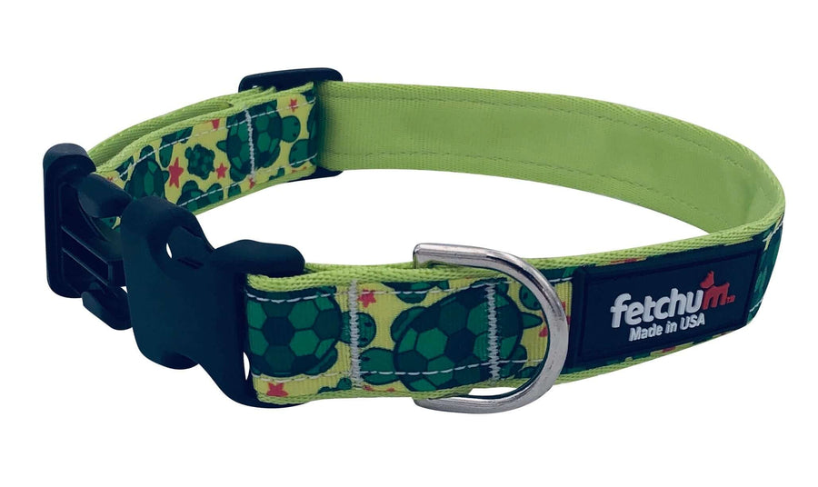 Turtle Collar featuring vibrant turtle design, durable nylon webbing, quick-release buckle, and D ring, made in the USA.