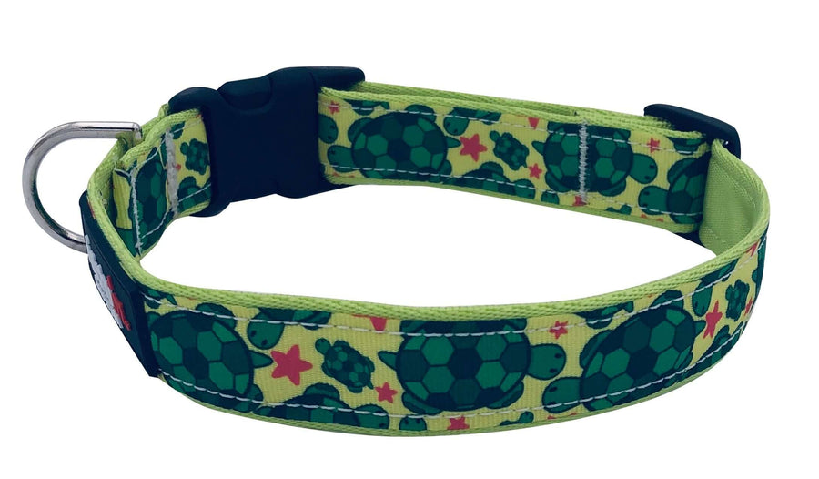 Turtle Collar featuring tubular nylon webbing with colorful turtle design, quick release buckle, and D ring.
