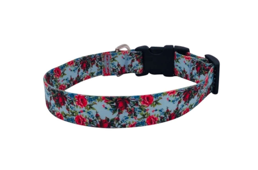 Vintage rose Collar featuring a floral design with quick release buckle and D ring, made in the USA.