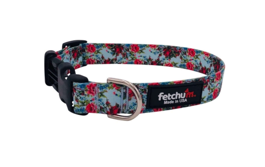 Vintage rose Collar featuring floral print, quick release buckle, and durable materials, made in the USA.