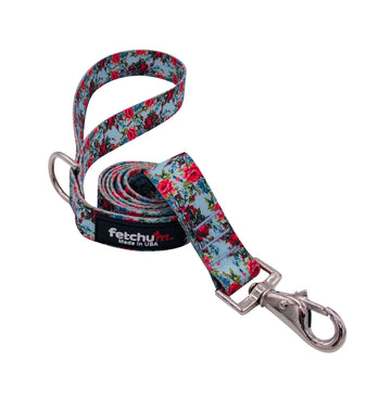 VINTAGE ROSE LEASH featuring floral design, strong polyester webbing, and a stylish swivel snap, made in the USA.