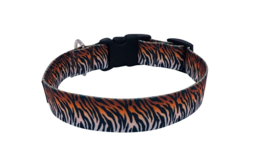 Wild Tiger Collar with UV resistant polyester webbing and quick release buckle, featuring a vibrant tiger stripe design.
