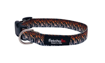 Wild Tiger Collar made with durable polyester print webbing, featuring a quick release buckle and D ring.