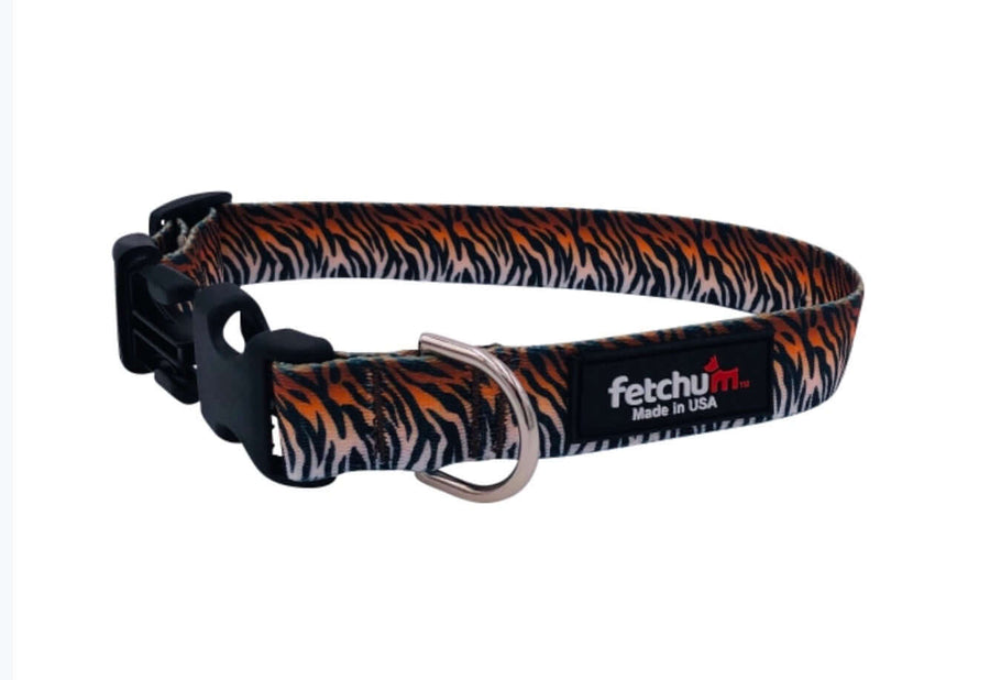 Wild Tiger Collar featuring a vibrant tiger print, made in the USA with durable materials and quick-release buckle.