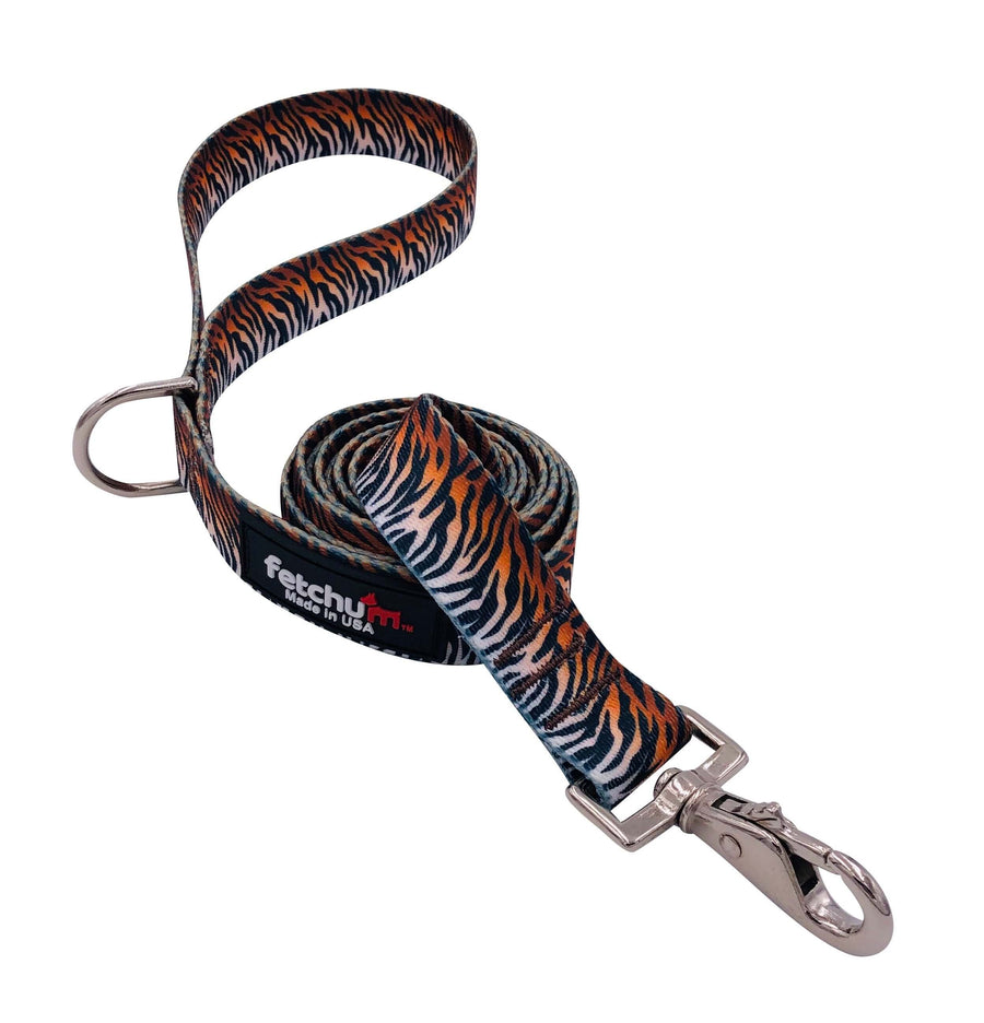 WILD TIGER LEASH featuring a vibrant tiger print design, 5ft long, durable, and water-resistant for stylish walks.